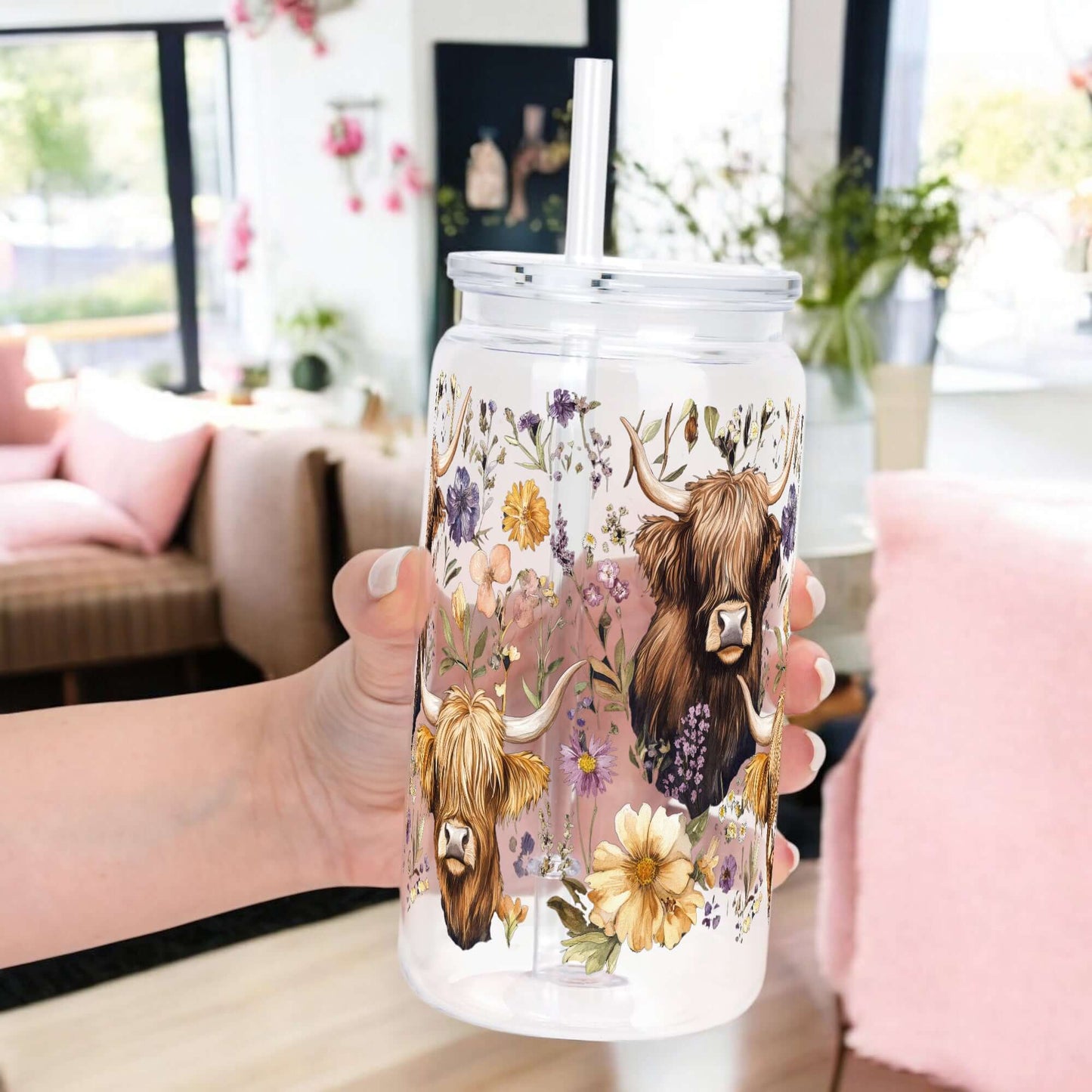 Wildflower Highland Cow With Lid and Straw