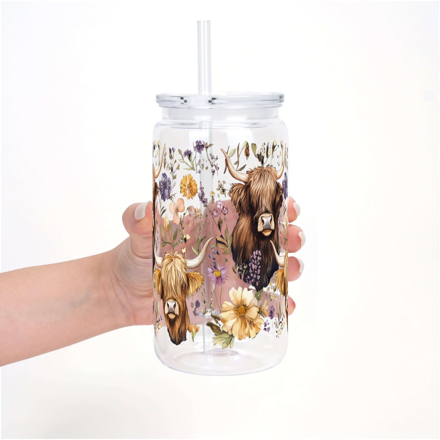 Wildflower Highland Cow With Lid and Straw