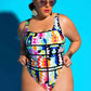 Colorful Geometric Print High Cut One Piece Swimsuit