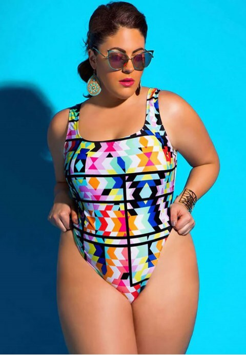 Colorful Geometric Print High Cut One Piece Swimsuit