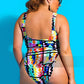 Colorful Geometric Print High Cut One Piece Swimsuit