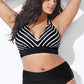 Striped V Neck Halter High Waisted Bikini Swimsuit