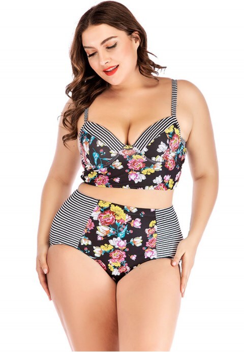 Striped And Flower Underwire Two Piece Swimsuit