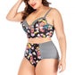 Striped And Flower Underwire Two Piece Swimsuit