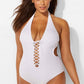 Lace Up Halter Low Back Monokini One Piece Swimsuit