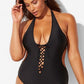 Lace Up Halter Low Back Monokini One Piece Swimsuit