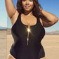 Mesh Side Zipper Front One Piece Swimsuit