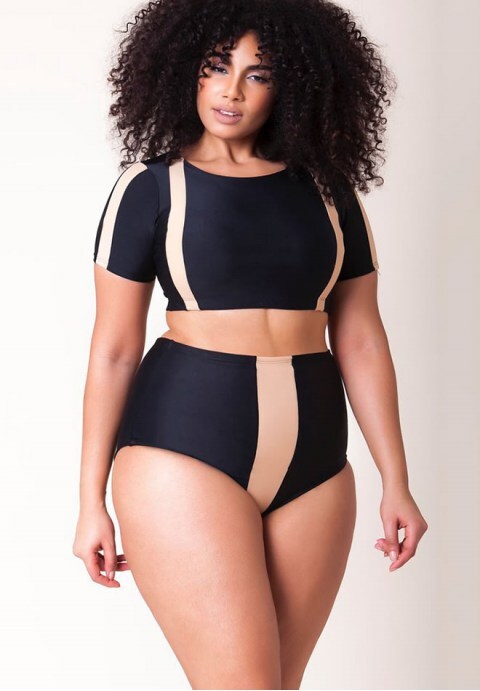 Contrast Stripe Sleeved Crop High Waist Bikini Swimsuit