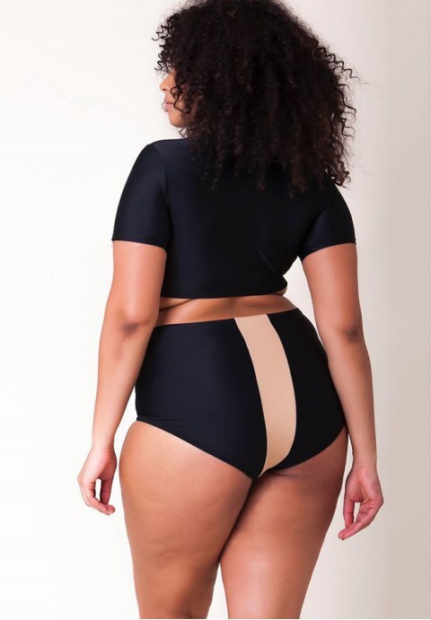 Contrast Stripe Sleeved Crop High Waist Bikini Swimsuit