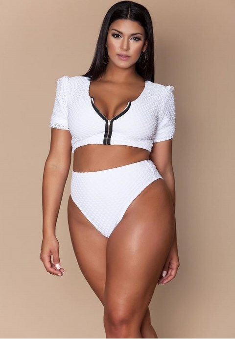 Mesh Sleeved High Waist High Leg Crop Bikini Swimsuit