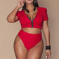 Mesh Sleeved High Waist High Leg Crop Bikini Swimsuit