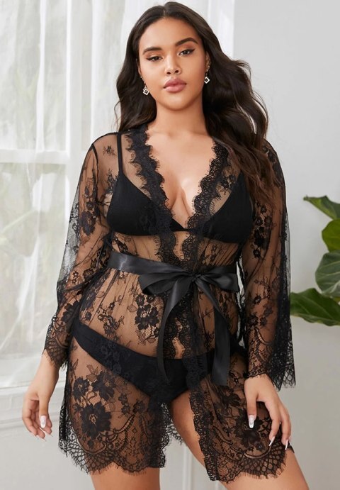 Plus Size Romantic Black Lace Kimono Robe