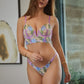 Purple Florals Embroidery Bustier  Lingerie Set