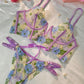 Purple Florals Embroidery Bustier  Lingerie Set