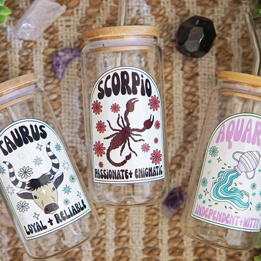 Zodiac Astrology Horoscope Glass Cup, Mug & Tumbler with Lid and Straw