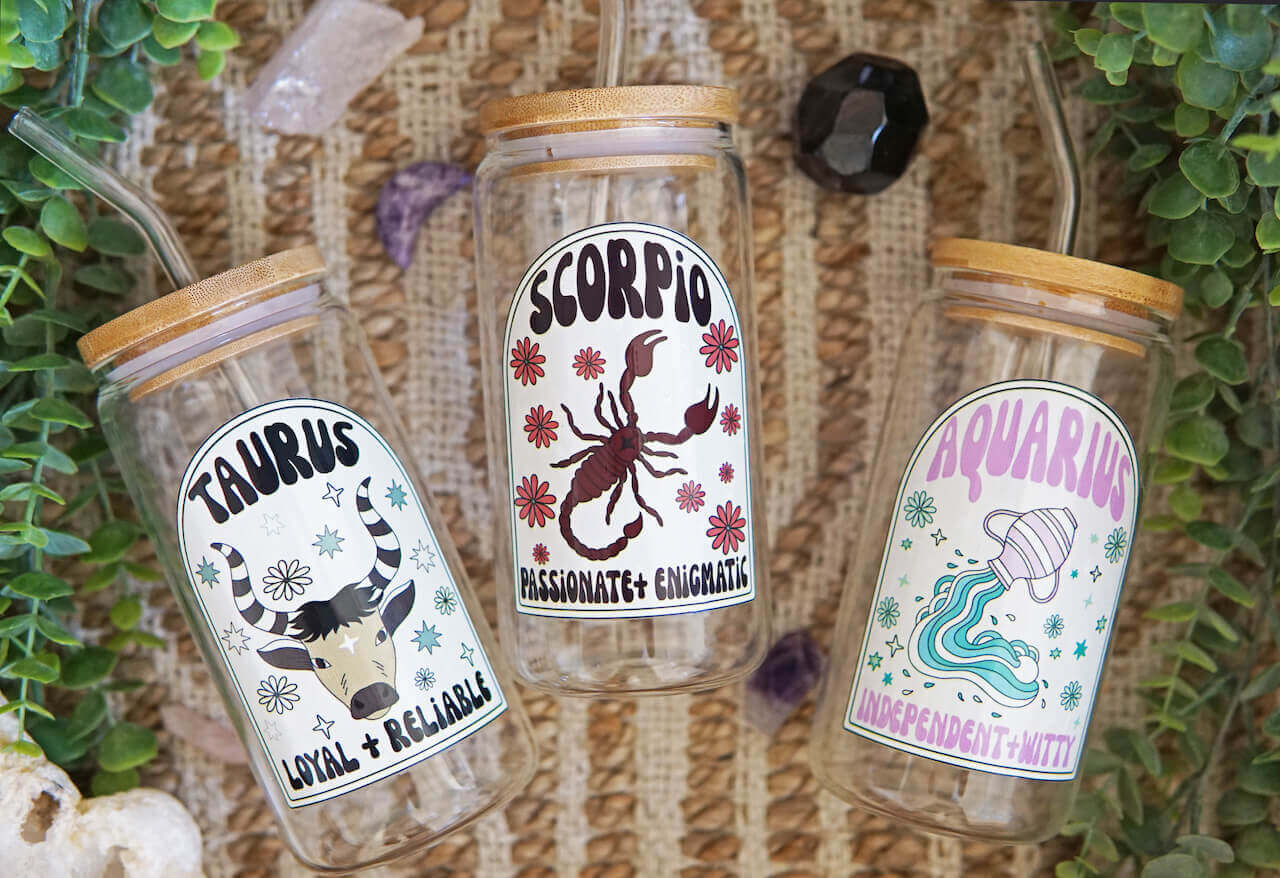 Zodiac Astrology Horoscope Glass Cup, Mug & Tumbler with Lid and Straw