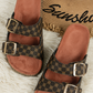 Coffee Geometric Print Cut Out Buckle PU Leather Flat Slippers