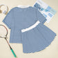 Blue Stripe Short Sleeve Collared V Neck Top Short Set
