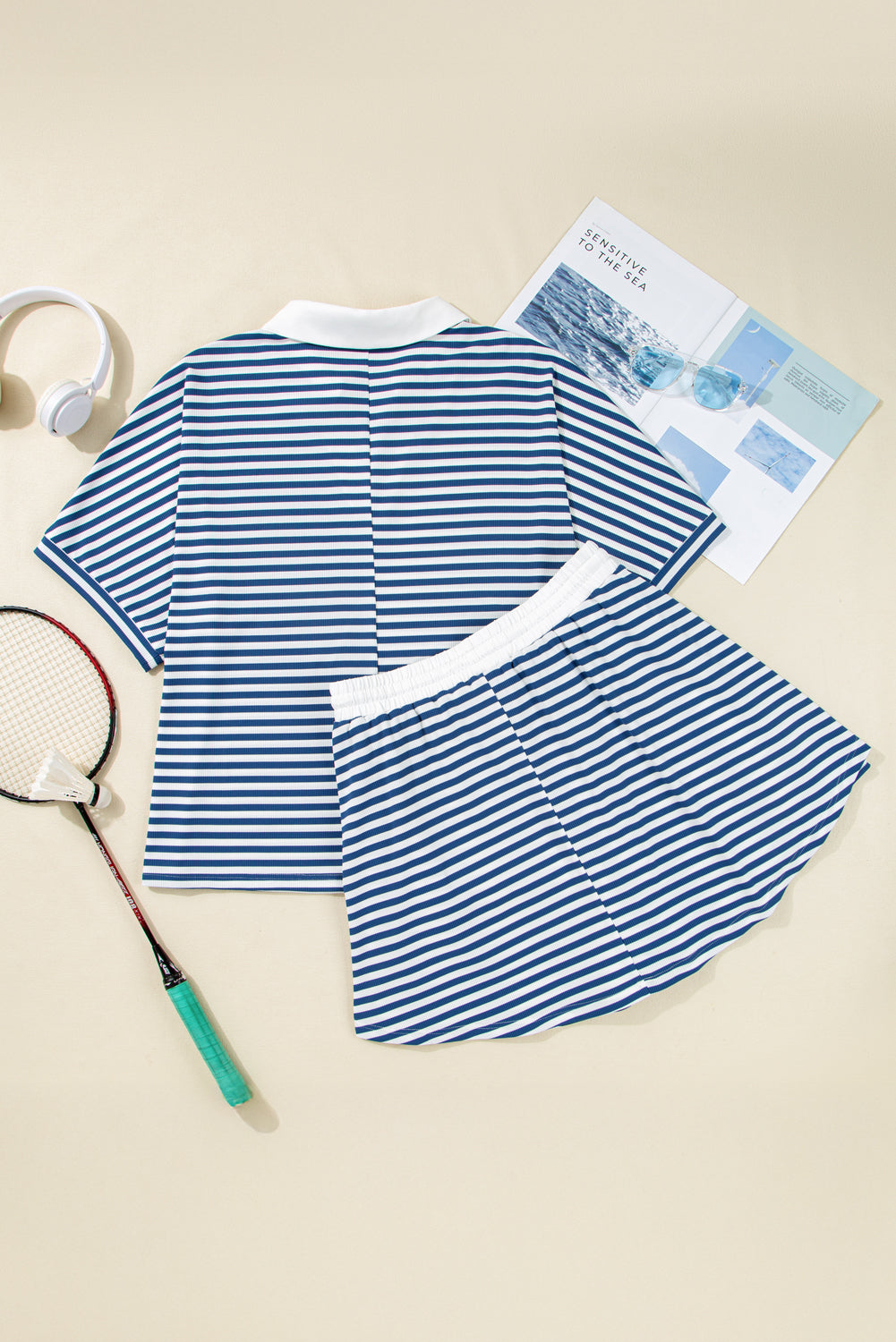 Blue Stripe Short Sleeve Collared V Neck Top Short Set