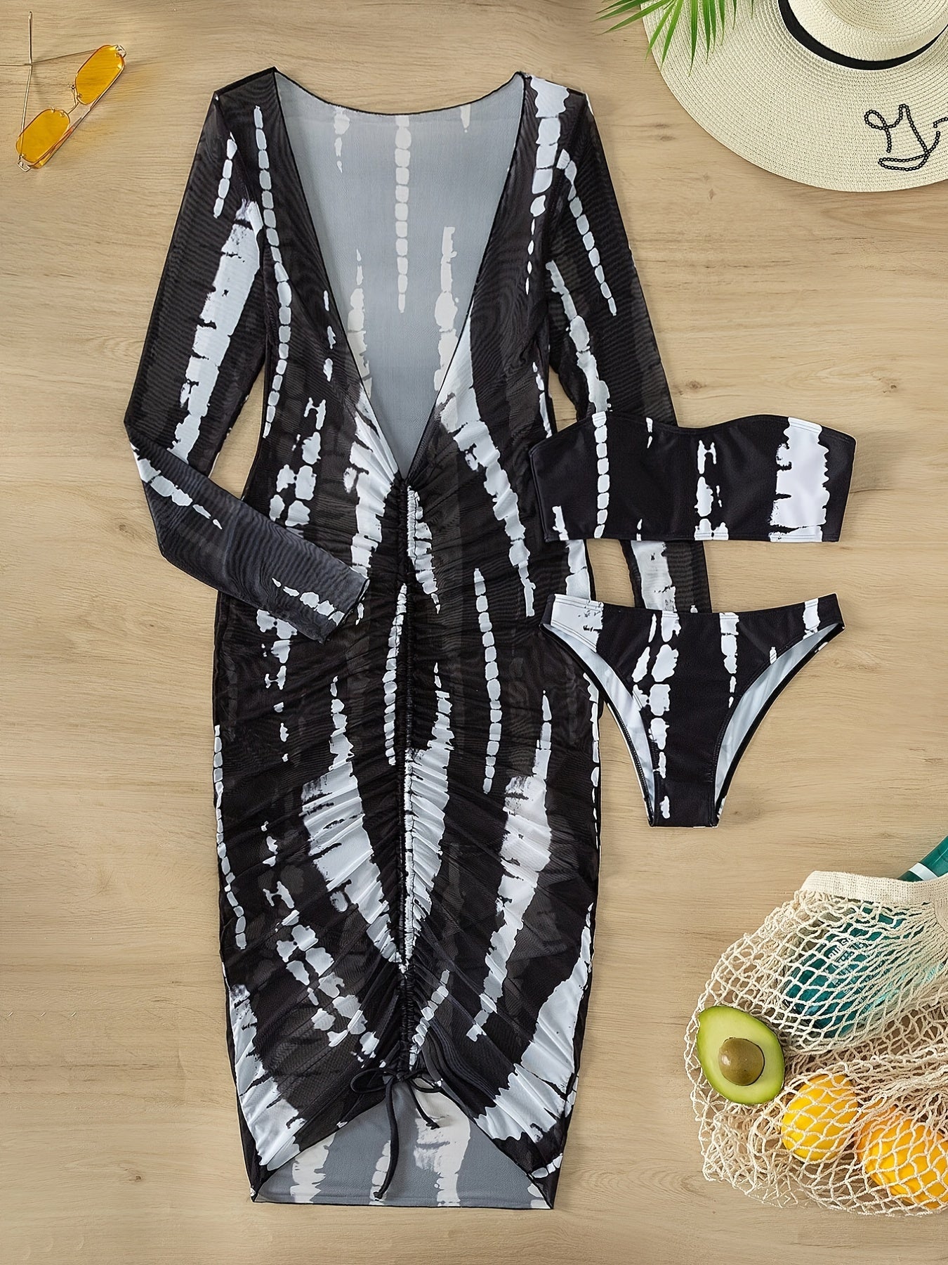 Horizon Haze 3-Piece Tie Dye Bandeau Bikini Set