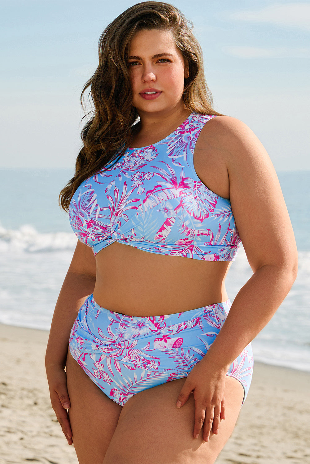 Sky Blue Floral Print Twisted High Waist Bikini Set
