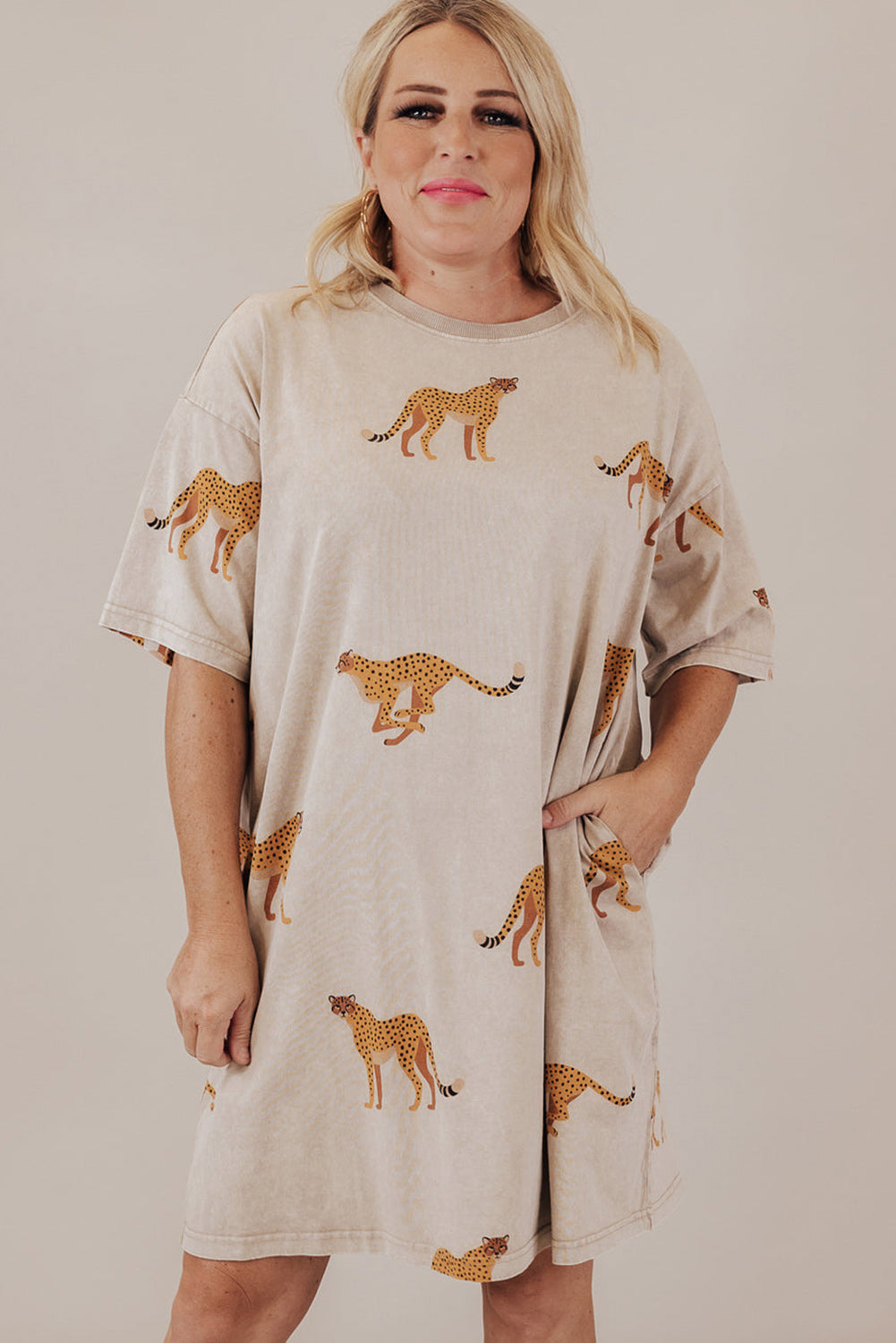 Cheetah Print Side Pockets T Shirt Mini Dress