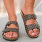 Coffee Geometric Print Cut Out Buckle PU Leather Flat Slippers