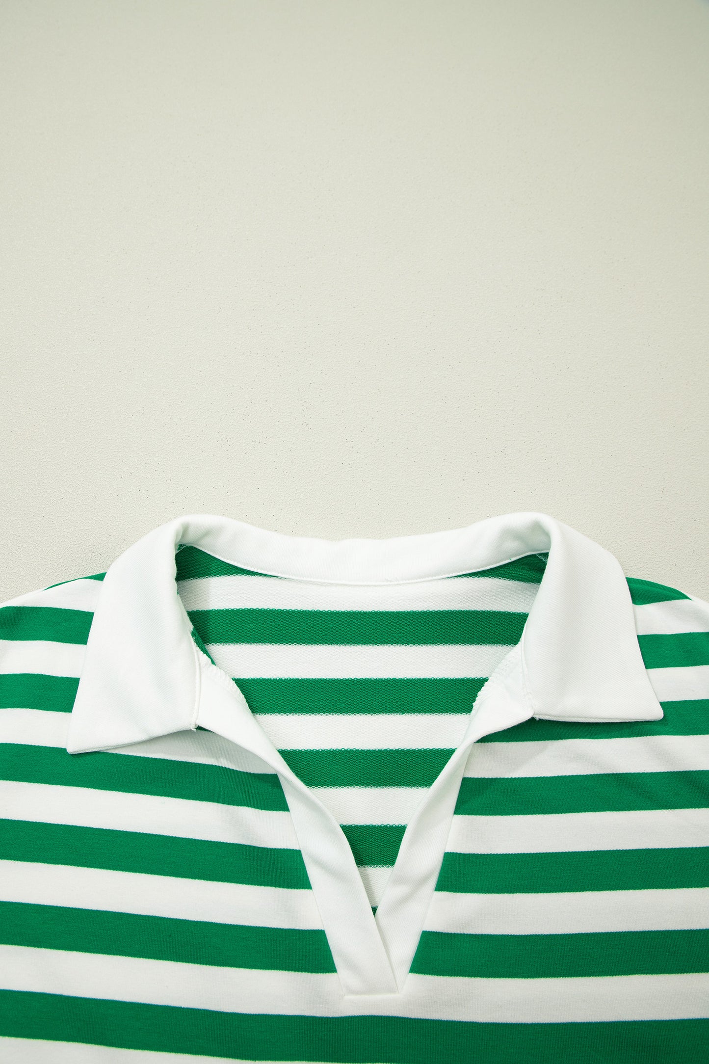 Green Stripe Collar V Neck Ruffle Short Sleeve Blouse