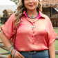 Rose Red Metallic Sheen Short Sleeve Button Up Shirt