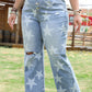 Sky Blue Star Printed Multi Buttons Slit Knee Destroyed Jeans