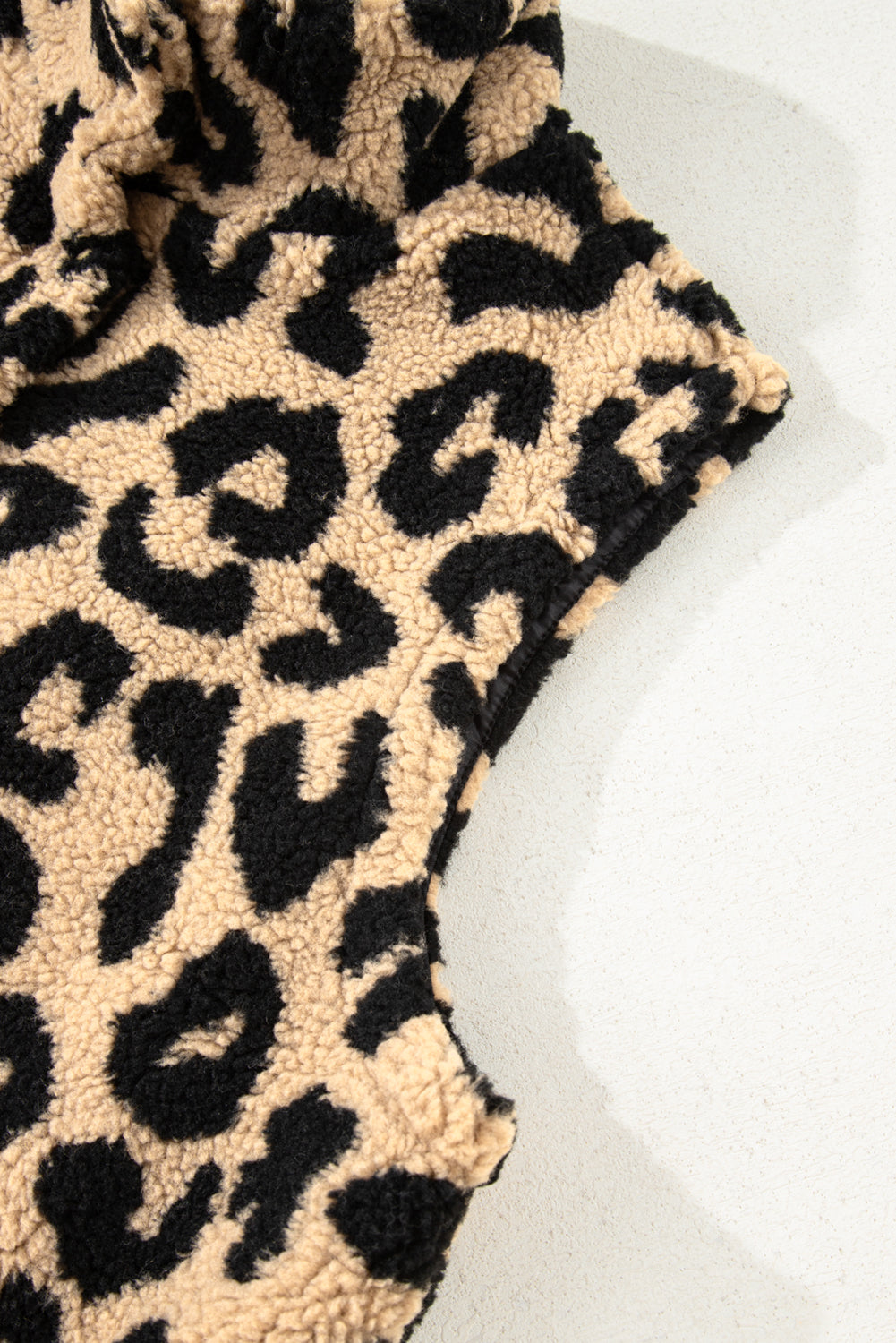 Khaki Leopard Sherpa Button Front Collared Vest Jacket