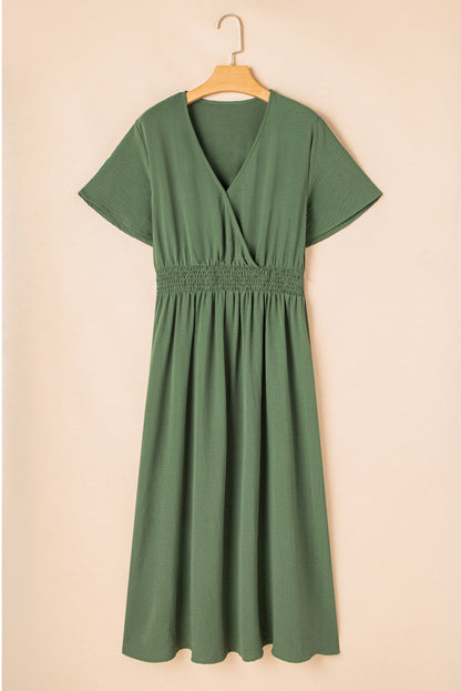 Four Leaf Clover Surplice Neckline Shirred High Waist Maxi Dress
