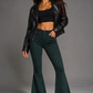 Leopard Print Bell Bottom Jean in Pine Green