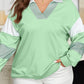Moonlight Jade Color Block Striped Patchwork Collar V Neck Sweatshirt