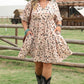 Beige Printed Surplice V Neck Cuffed Sleeve Empire Waist Dress