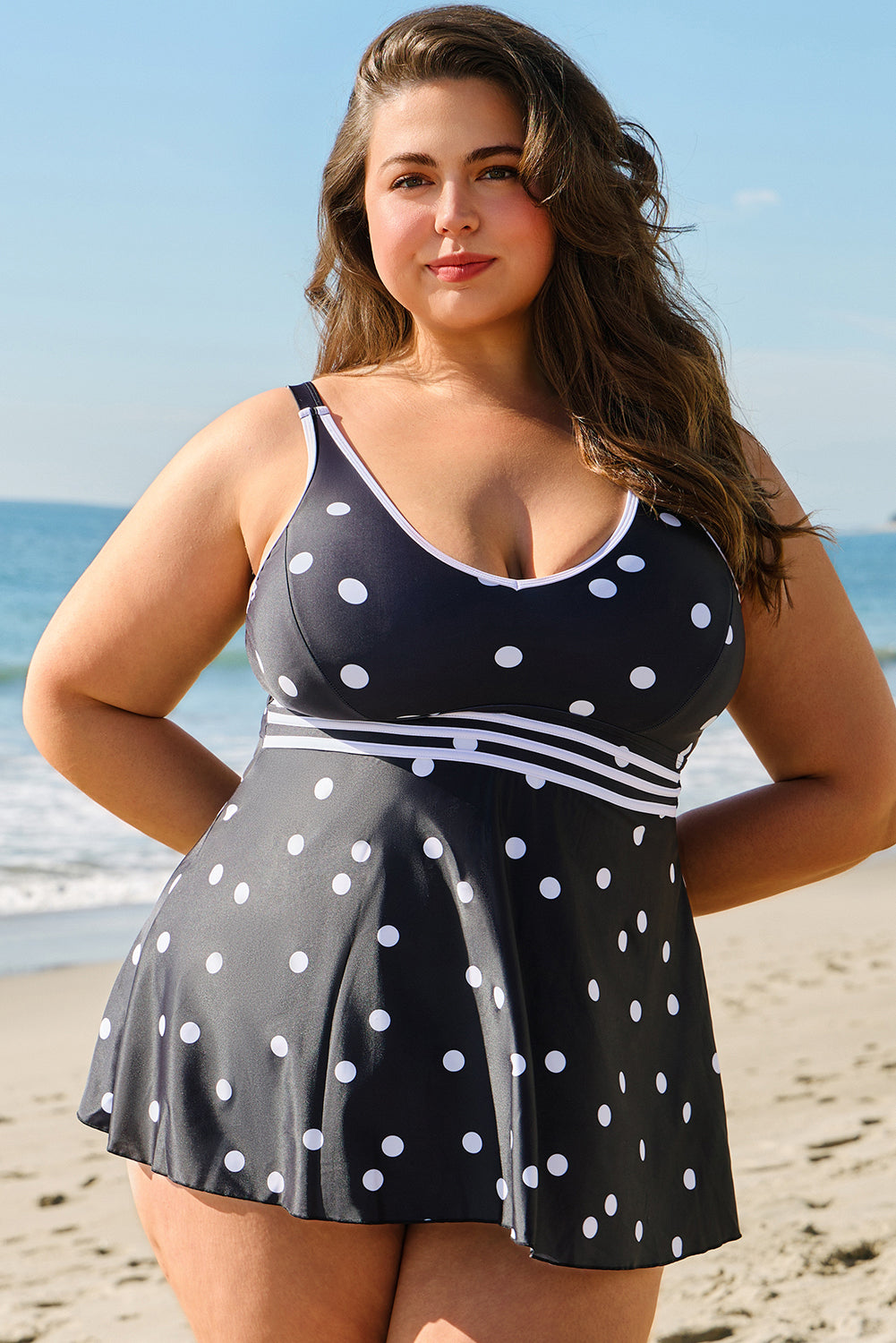 Black Polka Dot Trim V Neck Swim Dress