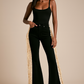 Made in USA Mid-Rise Black Bell Bottom Jeans with Beige Fringe & Stud Detail