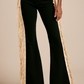 Made in USA Mid-Rise Black Bell Bottom Jeans with Beige Fringe & Stud Detail