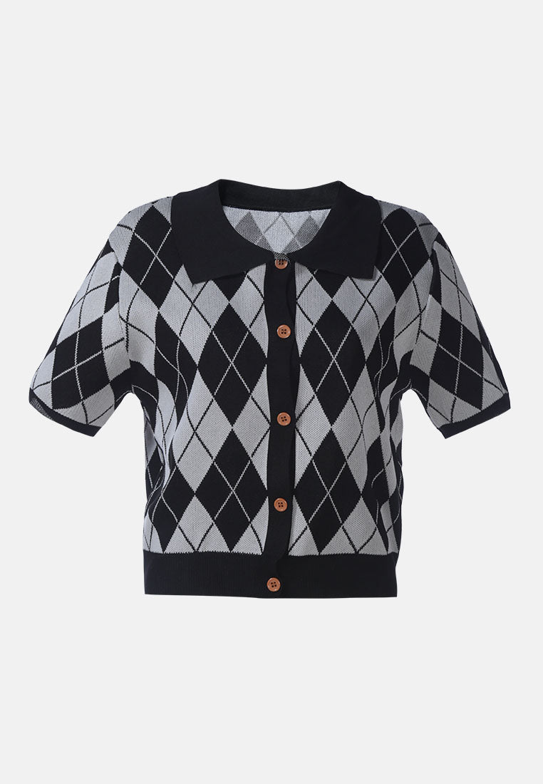 Argyle Checks Half Sleeve Cropped Cardigan