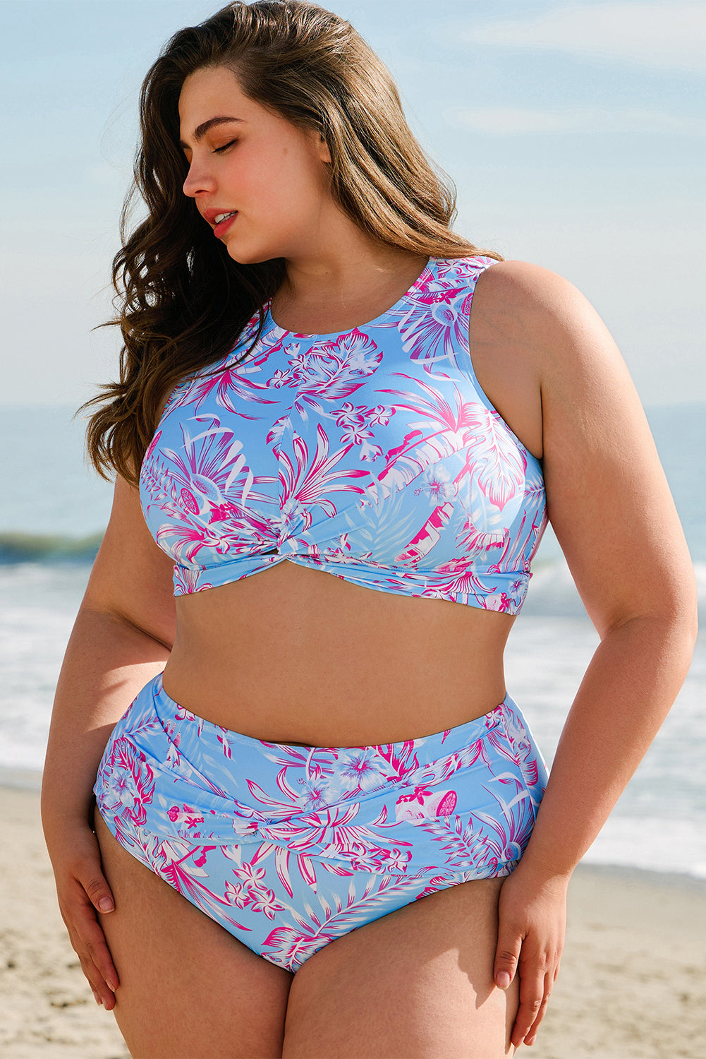 Sky Blue Floral Print Twisted High Waist Bikini Set