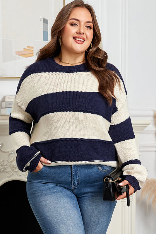 Blue Stripe Color Block Drop Shoulder Sweater