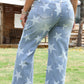 Sky Blue Star Printed Multi Buttons Slit Knee Destroyed Jeans