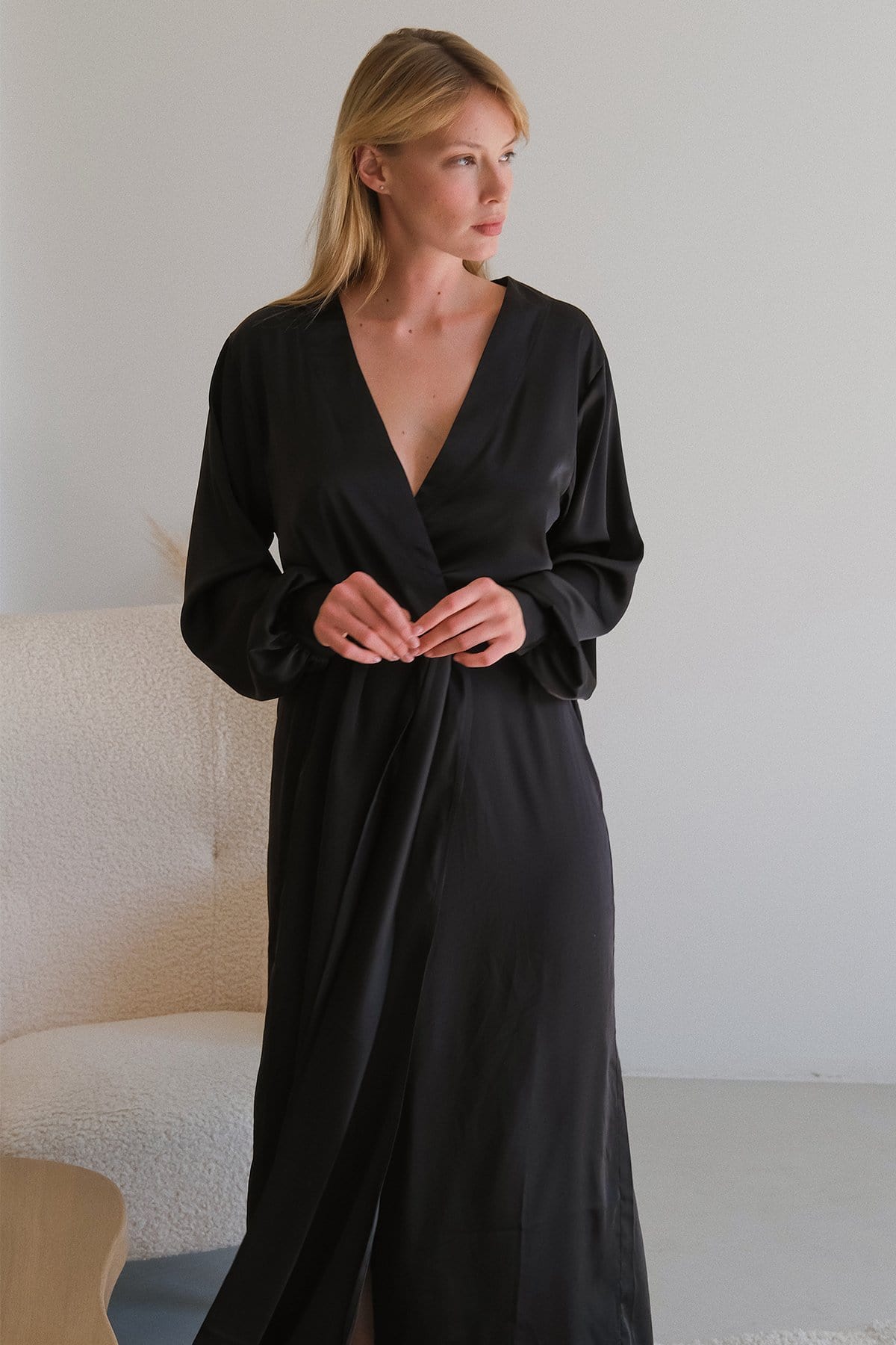 Adele Silk Long Robe with Cuffs