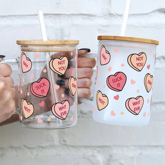 Anti Valentine 17oz Glass Mug With Lid and Straw