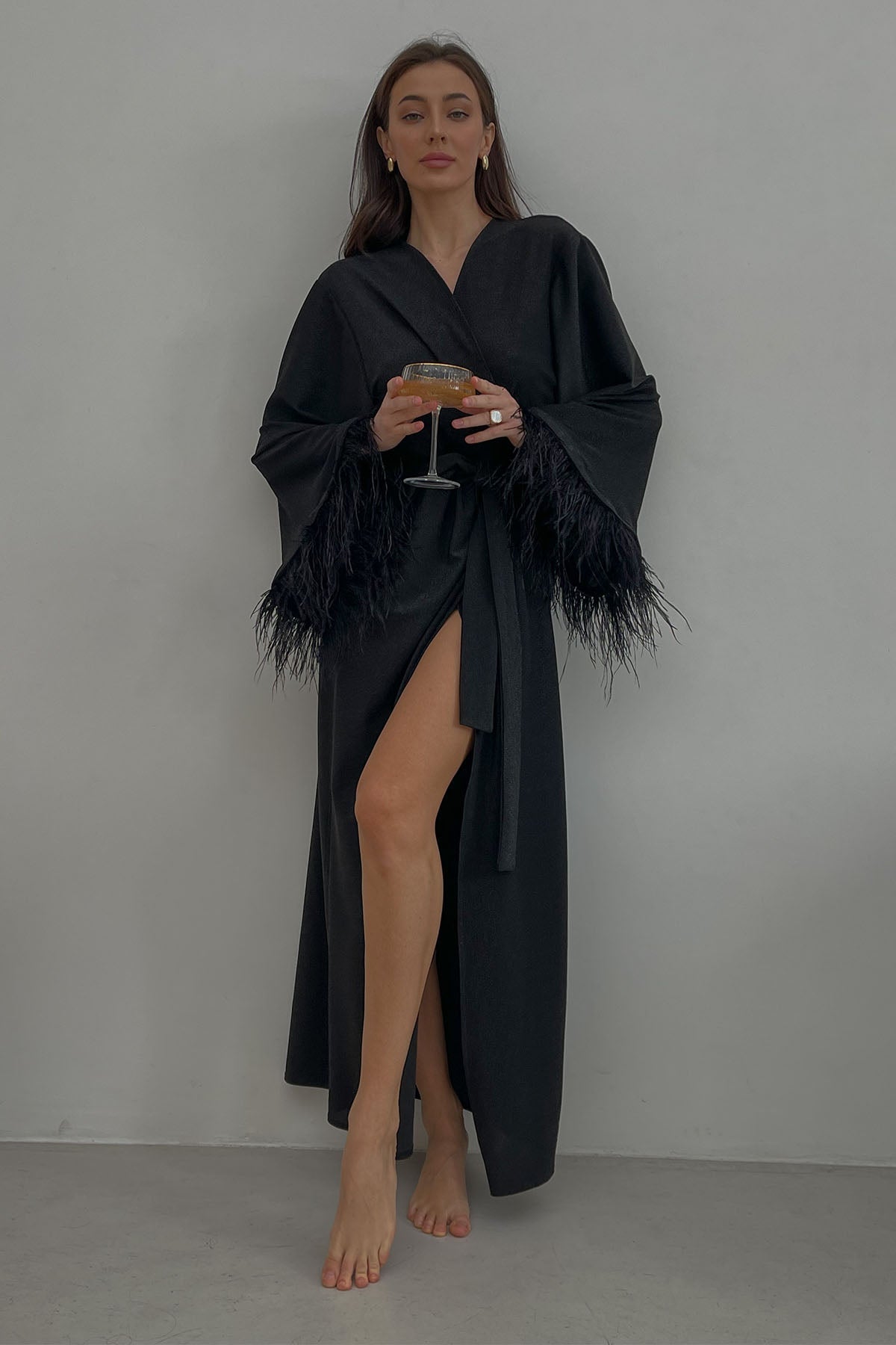 Aster black shiny kimono robe with feathers