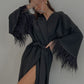 Aster black shiny kimono robe with feathers
