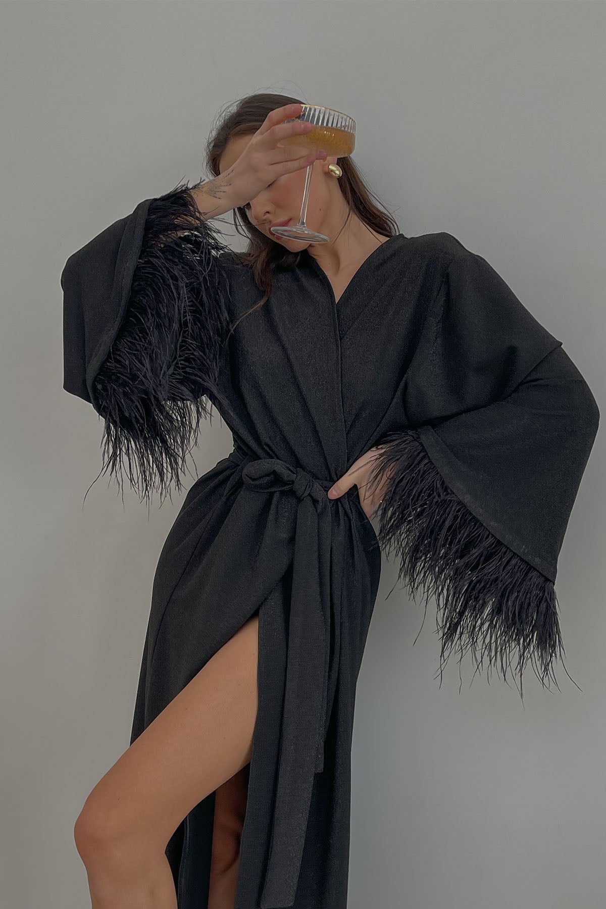 Aster black shiny kimono robe with feathers