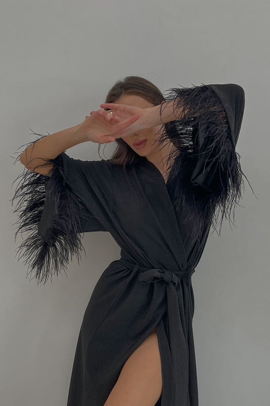 Aster black shiny kimono robe with feathers