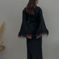 Aster black shiny kimono robe with feathers