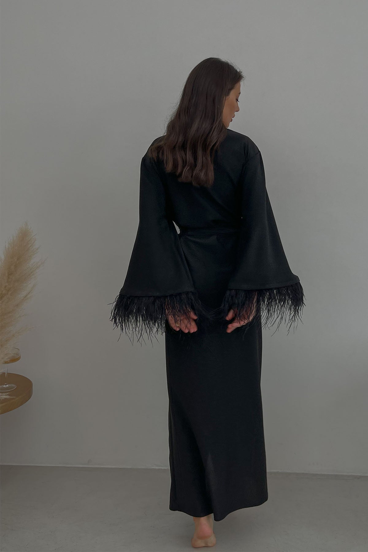 Aster black shiny kimono robe with feathers